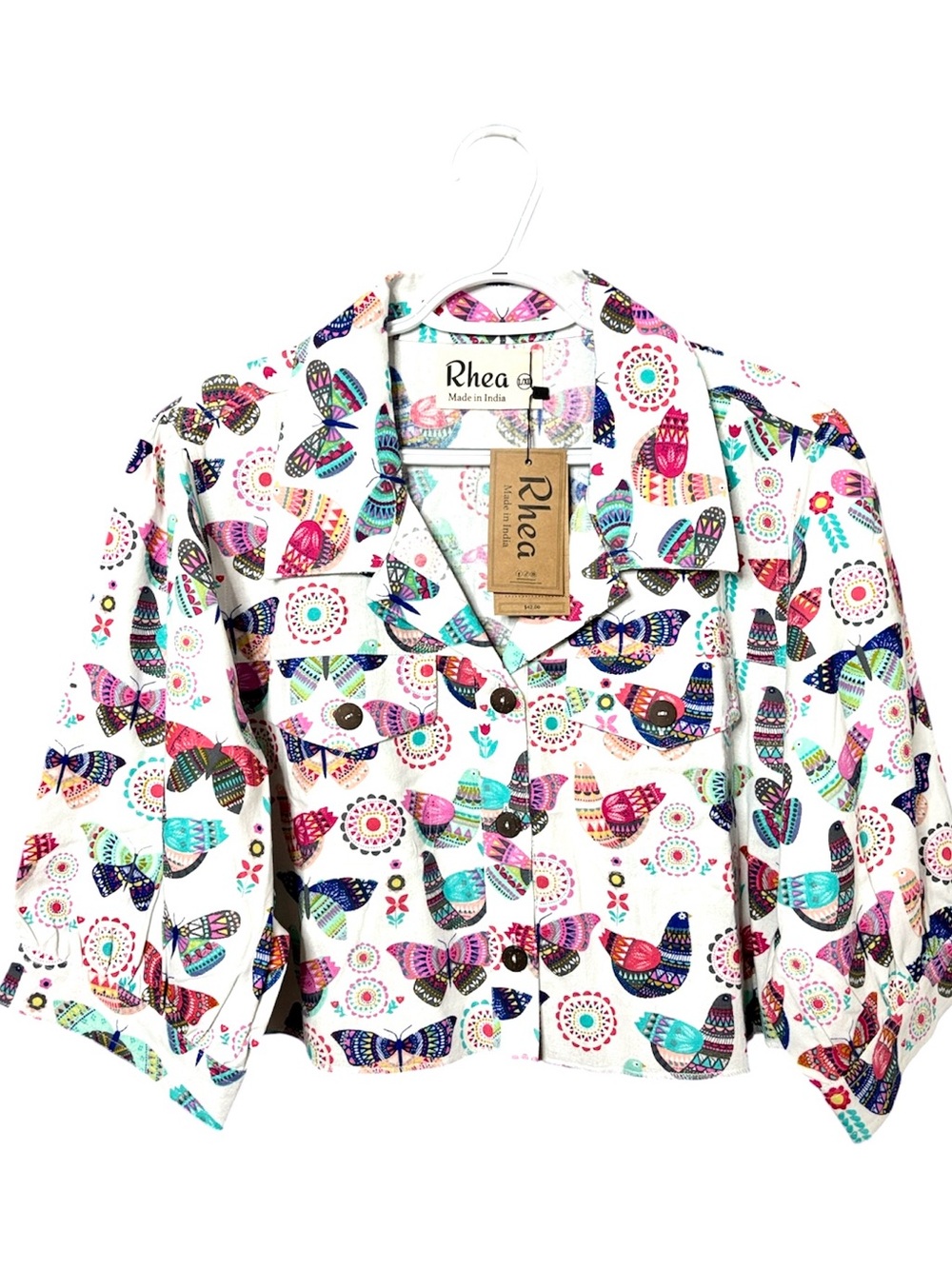Rhea Short Cotton Jacket New L/XL Butterfly Bird Mandala White